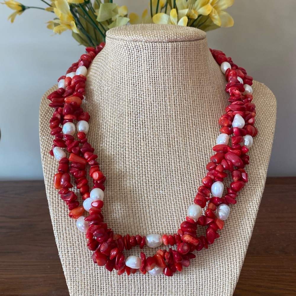 NYJewels Necklace Coral Freshwater Pearl and .925 Sterling silver Triple Strand